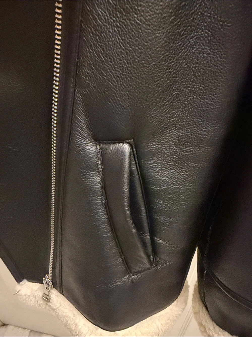 Mango Black Faux Leather Jacket with Cream Sherpa Lining